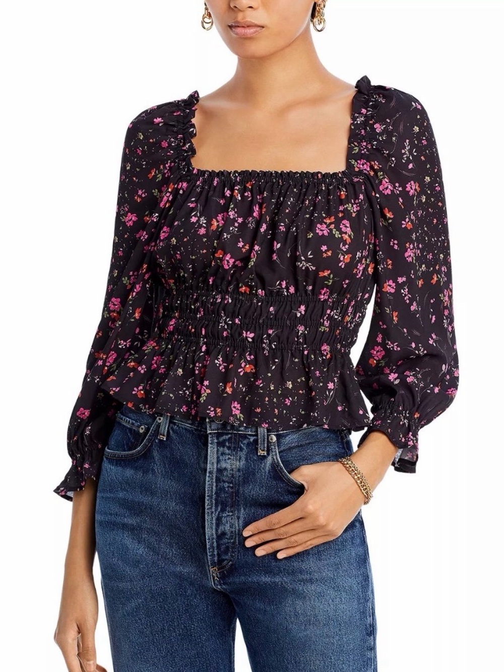 Aqua Black Smocked Square-Neck Blouse with Pink Floral